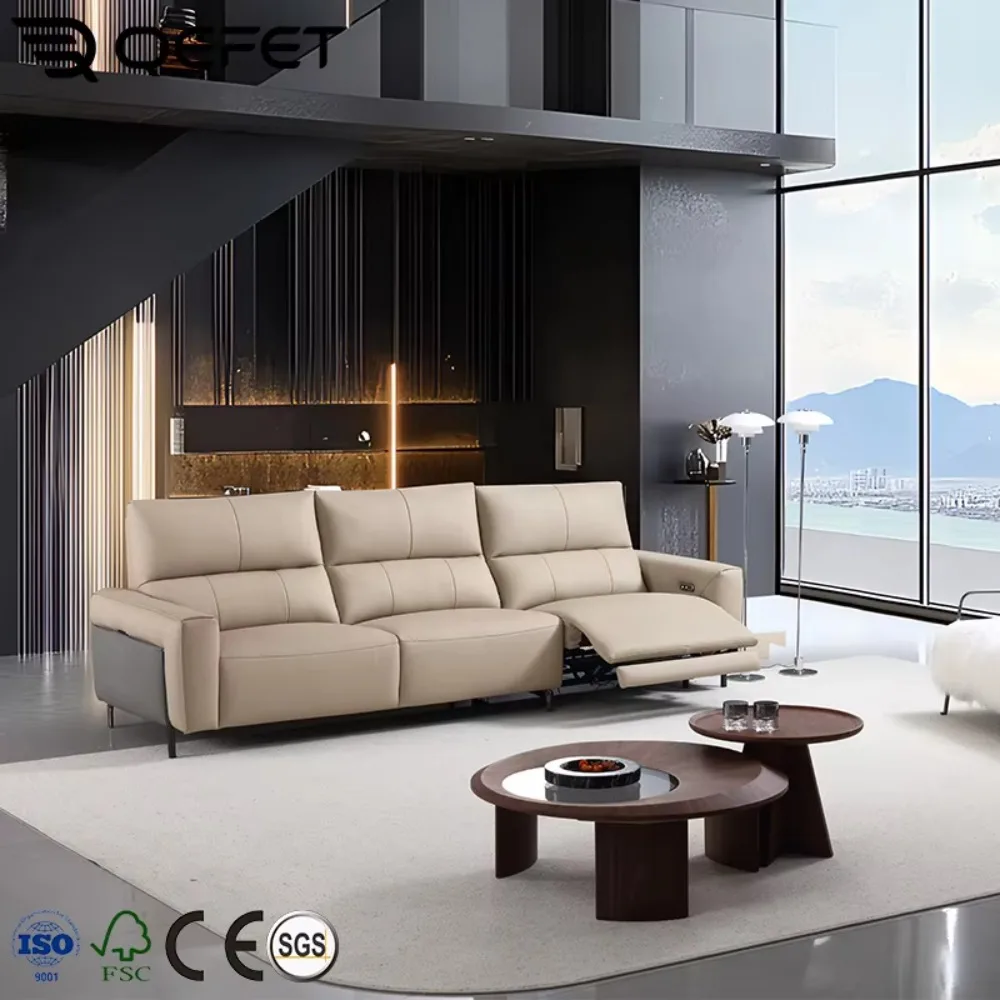 Modern Luxury Leather Electric Recliner Sofa Set Expandable Wooden Frame Living Room Furniture