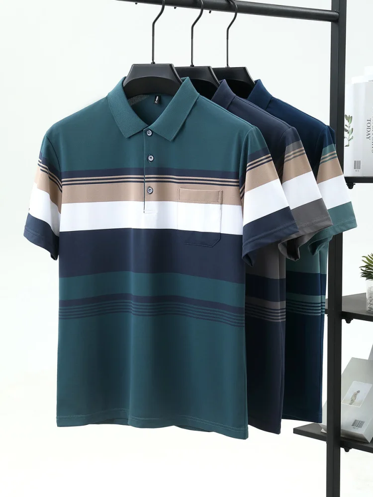 

Loose Fit Ice Silk Stripe Cotton ort Sve irt for Middle-Aged Men Busin Casual Sle Breathable Summer T-irt