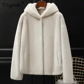 Tcyeek Natuurlijke Nertsen Bontjas Dames Winterkleding Echte Bontjassen met capuchon voor Dames 100% Hele Nertsen 2025, Nieuw in Bovenkleding Abrigos