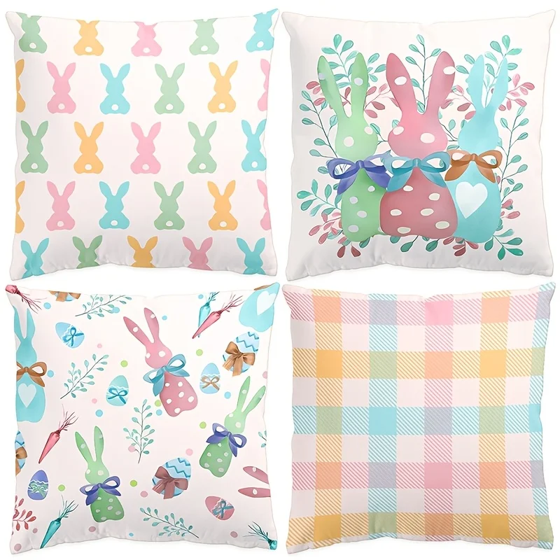 Set of 4, Easter Bunny Peach Pillow Covers Pillow Inserts Not Included 18inch Colorful Bunny Design