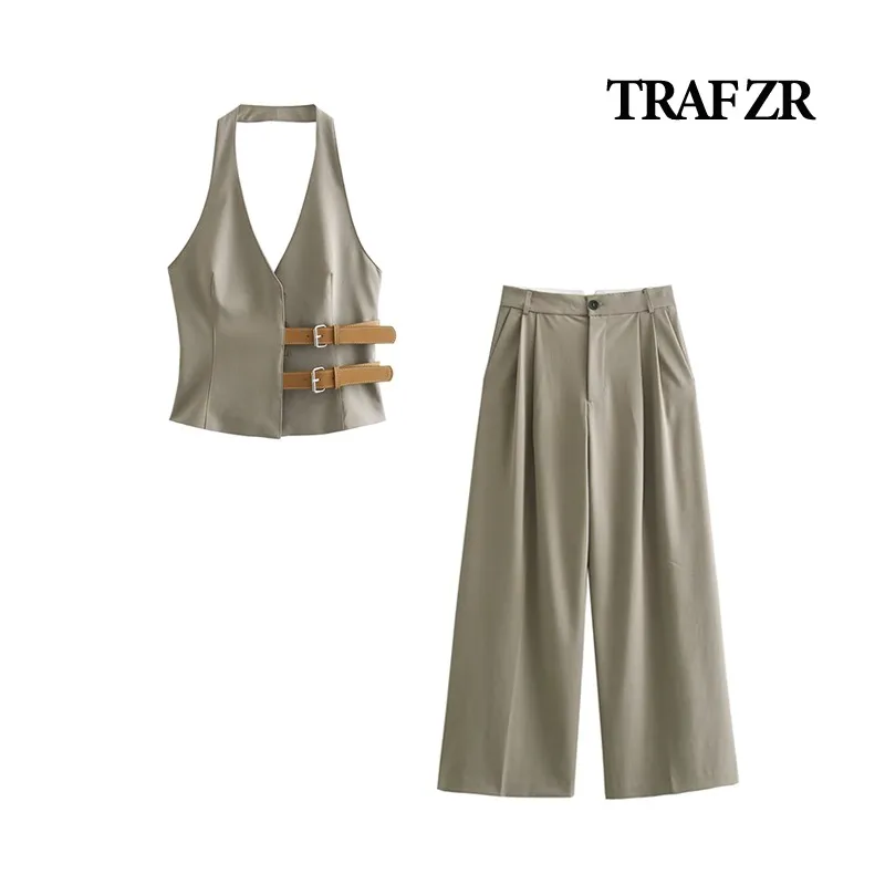 TRAF ZR Summer Outfit Elegant Sets Outfits V-NECK Vintage Two Piece Set for Women Halter-Neck Tailor Suit Woman Fashion 2024