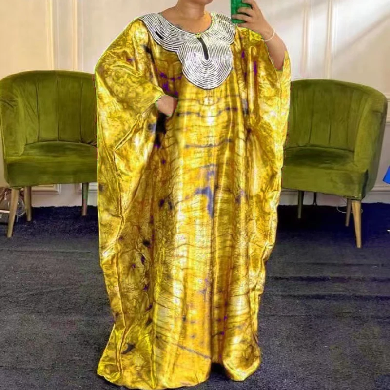 

Women Sequins Headscarf Dresses Print H Line Dress Ankle Lenth Oversize Long Sleeve Loose Fit Ethnic Casual Elegant 2025 Autumn