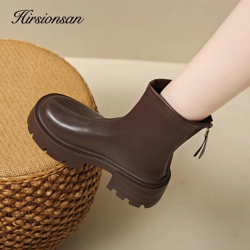 Hirsionsan Autumn Winter Women Ankle Boots Platform Zip Up Casual Shoes Retro Oxfords Female Waterproof Thick Boots Footwear