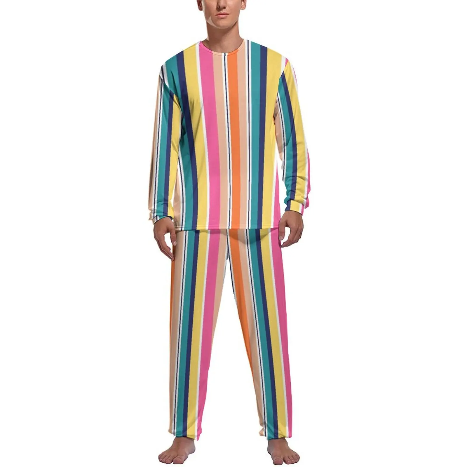 Bright Striped Pajamas Long Sleeve Colorful Stripes Print 2 Pieces Room Pajama Sets Autumn Men Graphic Cute Nightwear