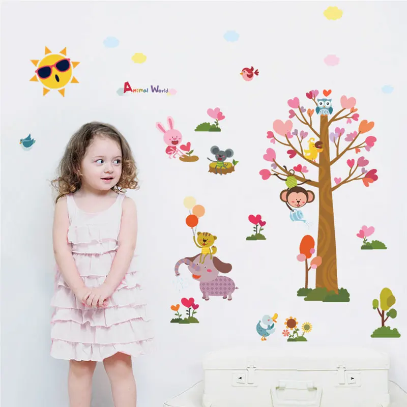 Cartoon Animal Love Heart Tree Wall Sticker For Kindergarten Kids Room Home Decor Safari Mural Art Diy Pvc Wall Decal