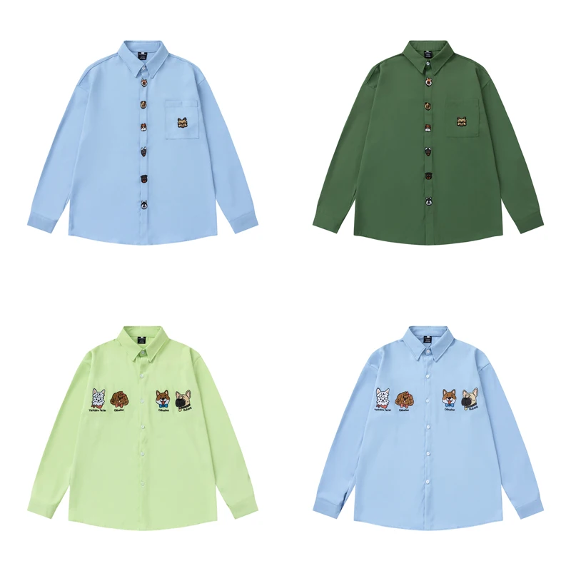 

Ретро-японская рубашка с воротником-стойкой и вышивкой в виде собаки, летняя, свободного кроя, повседневная, модная, из полиэфирного волокна, с коротким рукавом