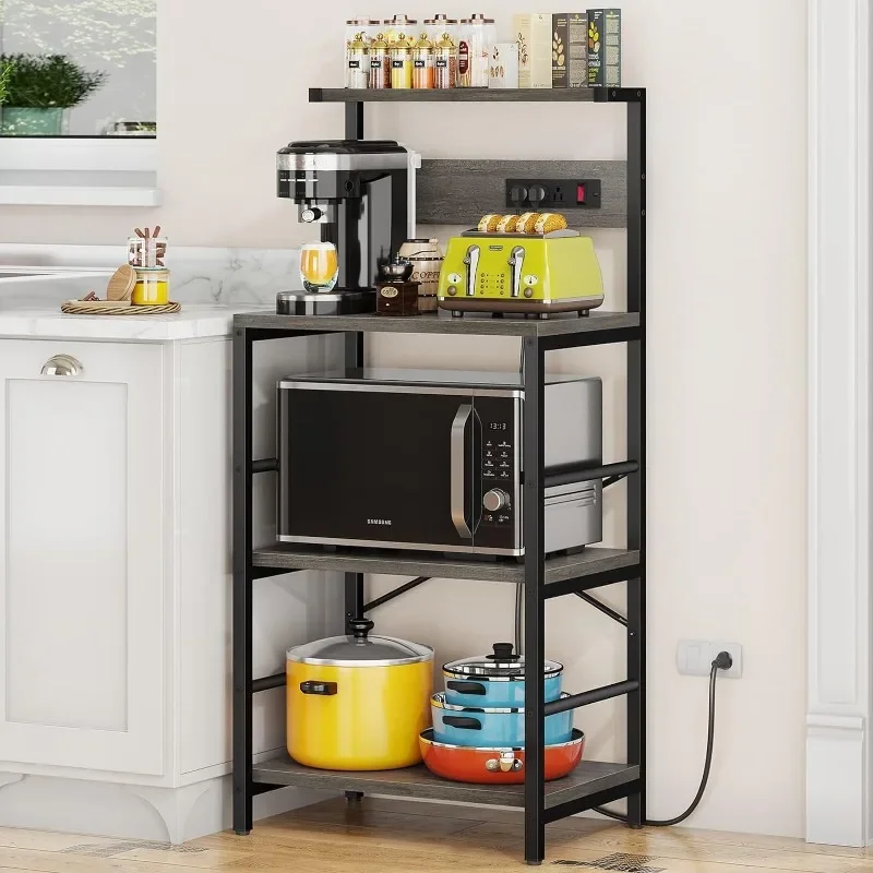 Rack with 3 Power Outlets, 4-Tier Kitchen Microwave Stand with Storage, Freestanding Kitchen Shelf Stand 23.6”L x 15.7”W x 51.2