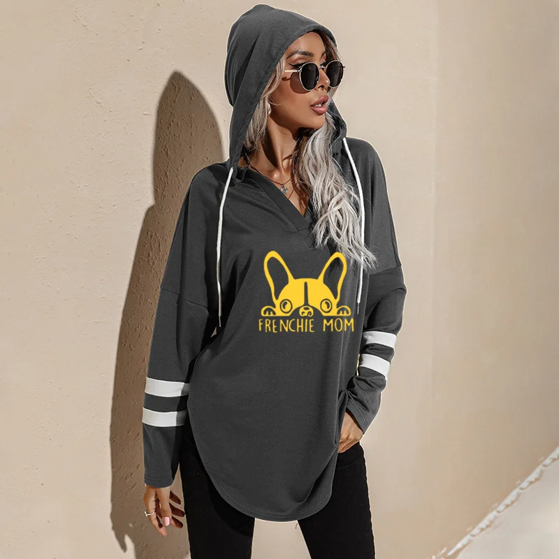 French Bulldog Mom Hoodie Longgar Mode Wanita V-Neck Atasan Panjang Perempuan Hoodie Musim Dingin Frenchie Mom Kaus Kasual Wanita