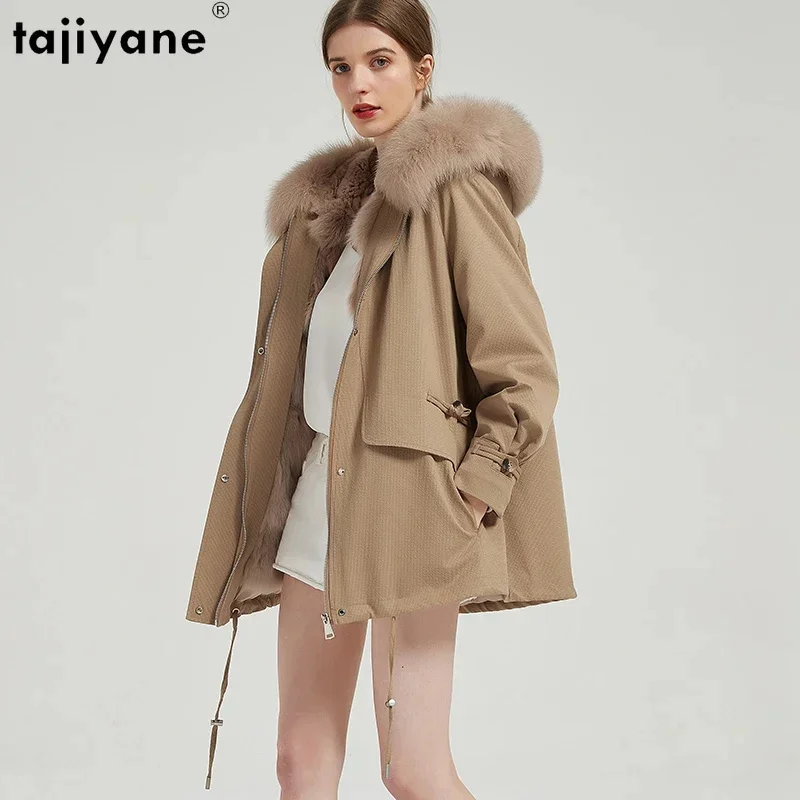 

Real Tajiyane Fur Coat for Women 2024 Winter Fashion Detachable Rex Rabbit Liner Parkas Fox Collar Mid-length Jacket