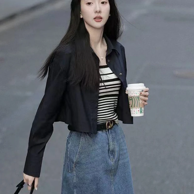 Gidyq Women White Cropped Shirts Korean Fashion Streetwear Female Long Sleeve Coats Casual All Match Designed Button Tops