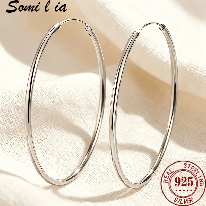 SOMILIA Hot Gift S925 Sterling Silver Oversize Simple Hoop Earrings for Women Round Circle Ear Cuff Korean Style Jewelry Party