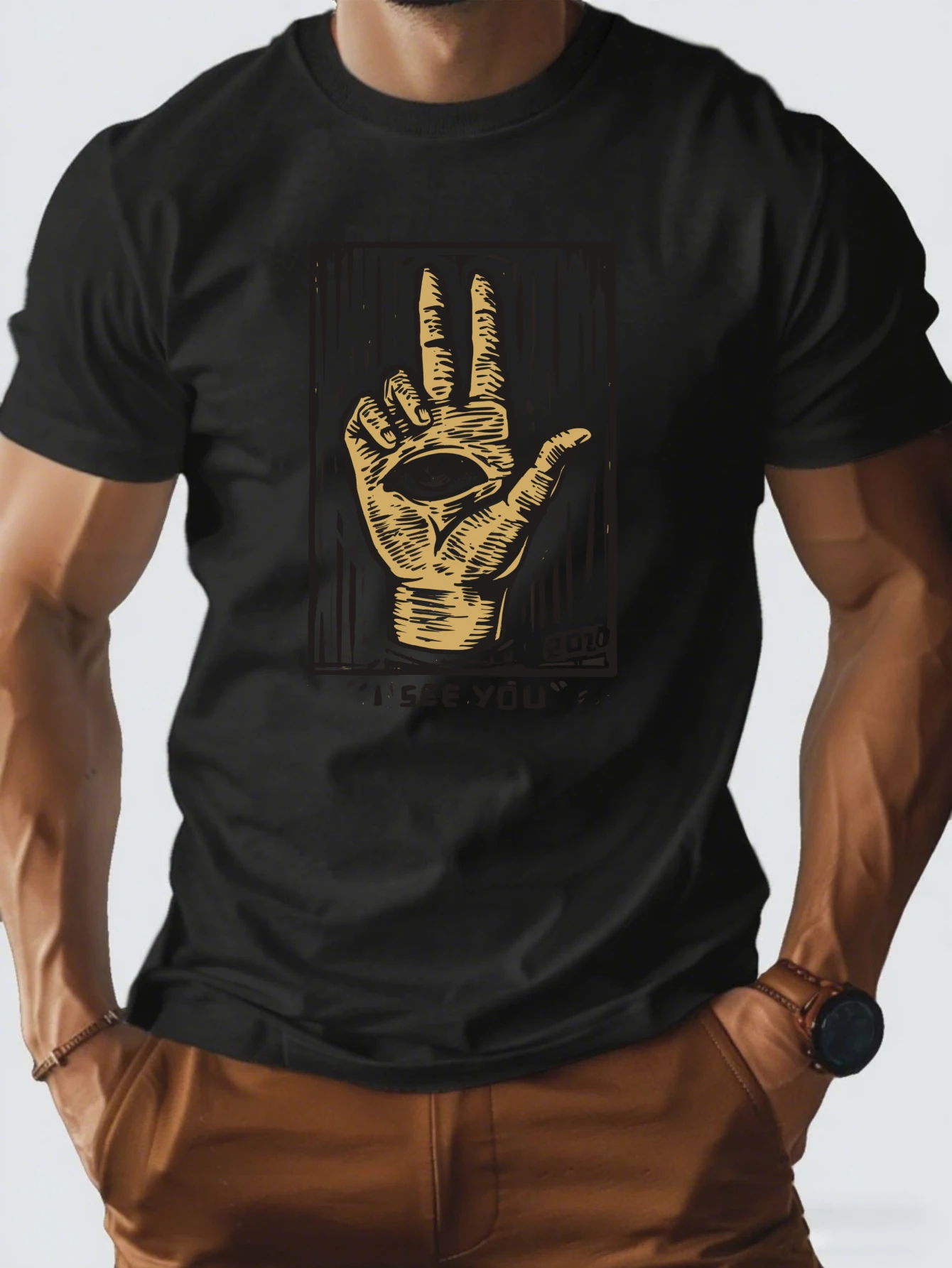 

Vintage Occult Hand Graphic T-Shirt for Men, Mystic Style Short Sleeve Tee, Casual Occult Print Tops