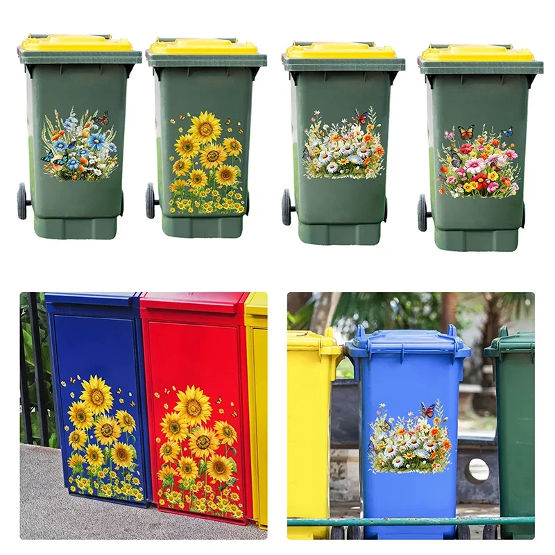 Sunflower Trash Can Stickers Floral Wheel Trash Can Stickers Self-Adhesive Waterproof PVC Decals For Walls Bathroom Home Decor view 4