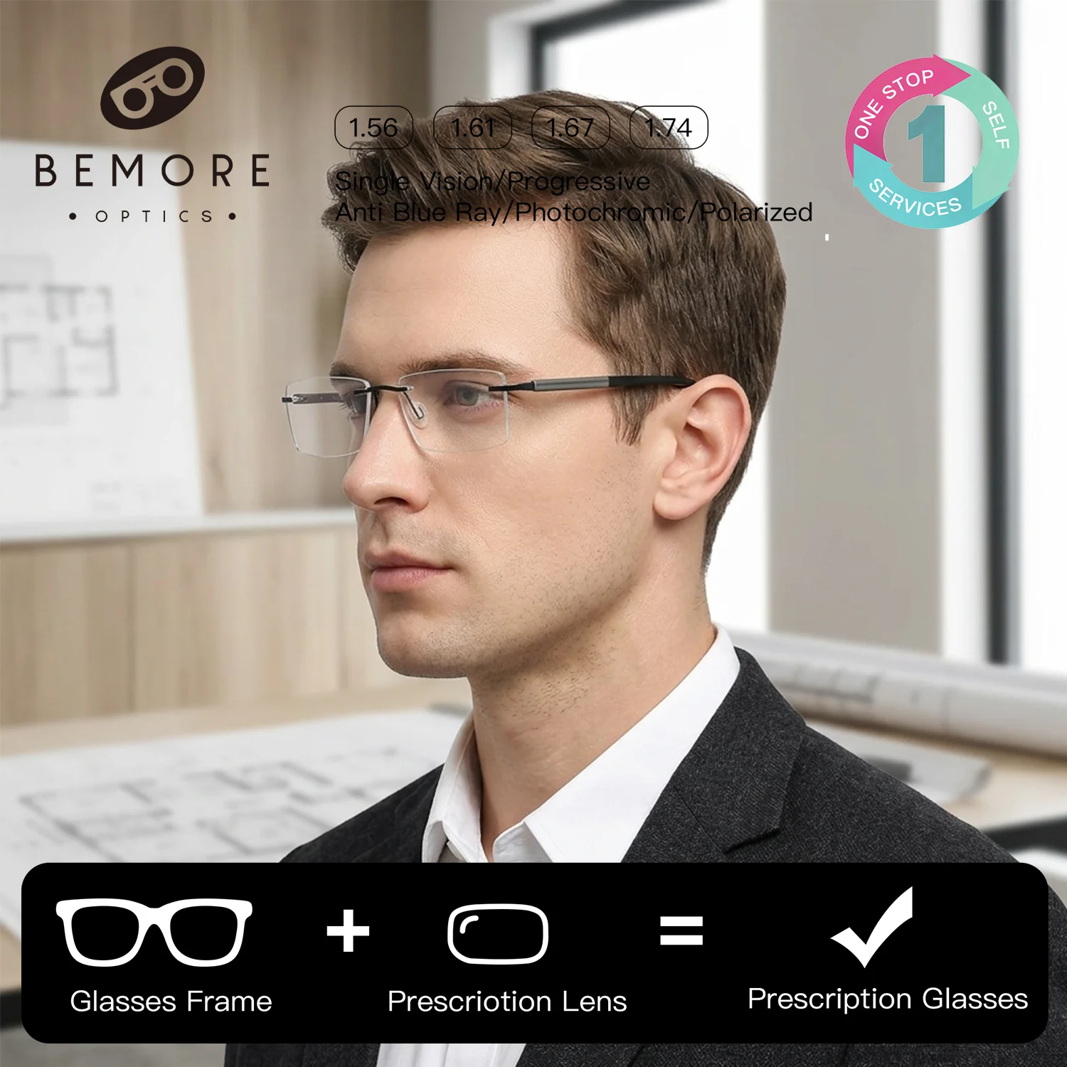 

BEMORE Rimless Correction Eyeglasses With Prescription Lenses Unisex Men Women Alloy Photochromic Glasses