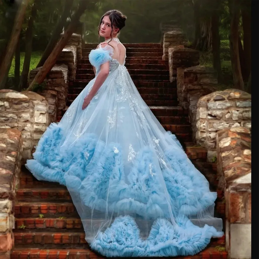 

Blue Luxury Girls Birthday Party Dresses Lace Appliques Flower Girl Dresses For Wedding First Communion Dresses Customized