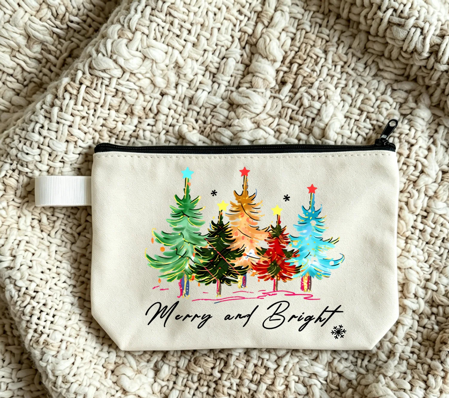 Happy Christmas Tree Pattern Zipper Stationery Storage Bag Aesthetic Christmas Canvas Makeup Bag Foldable Clutch Bag