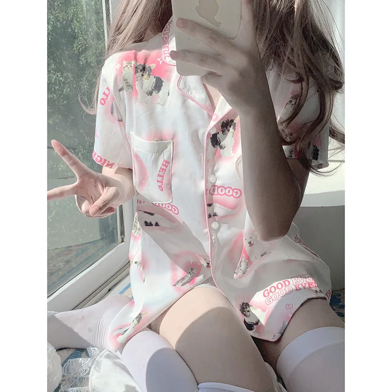 Women\'s Pajamas Sets Spring Summer 2 Piece Print Cat Pyjama Faux Silk Satin Sleepwear Short Sleeve Pijama Mujer Pjs Homewear