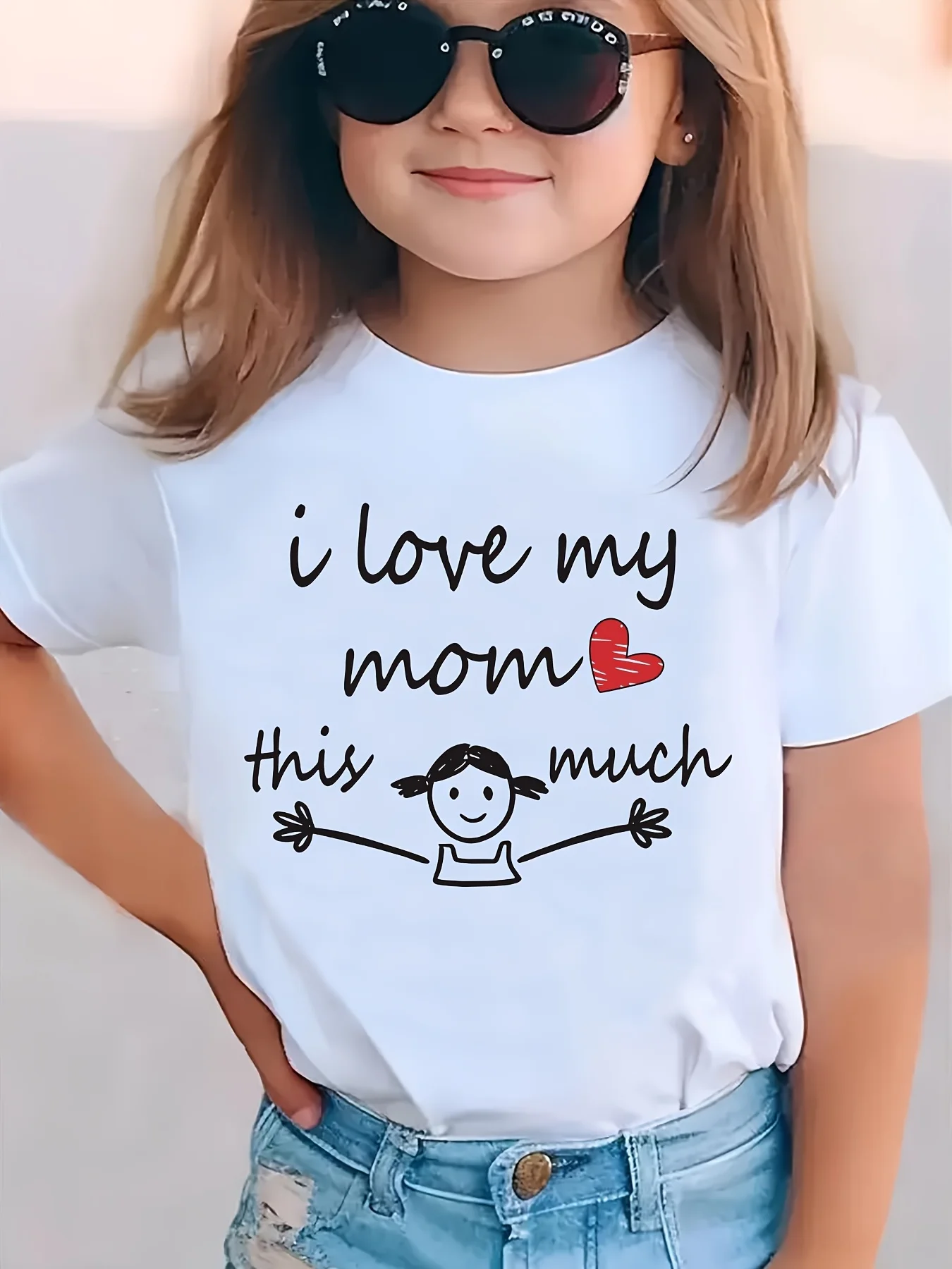 Mädchen-T-Shirt „I LOVE MY MOM THIS MUCH“, grafisches Sommer-T-Shirt, lässig, kurzärmelig, mit Herz-Design, Rundhalsausschnitt, Kinderkleidung