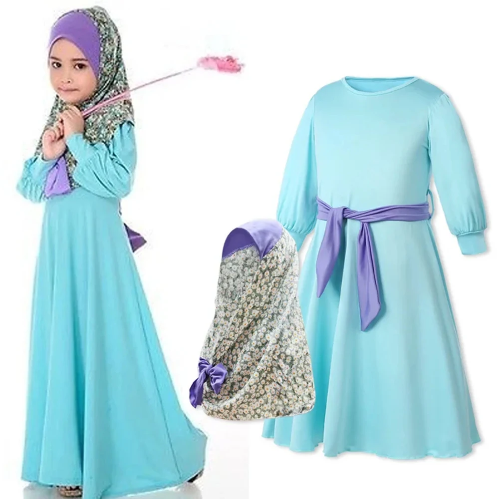 Modest Muslim Dress Prayer Abaya for Girls 80cm-120cm Long Sleeve Islamic Ramadan Clothing Blue Robe Floral Hijab With Belt