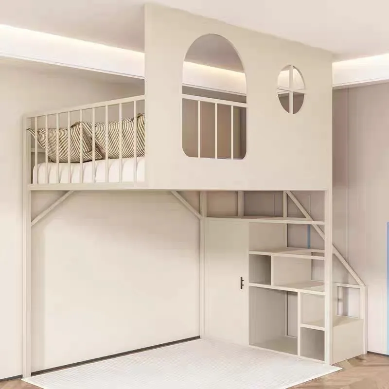 Wrought iron bed apartment duplex second floor space saving loft bed school dormitory bed under table