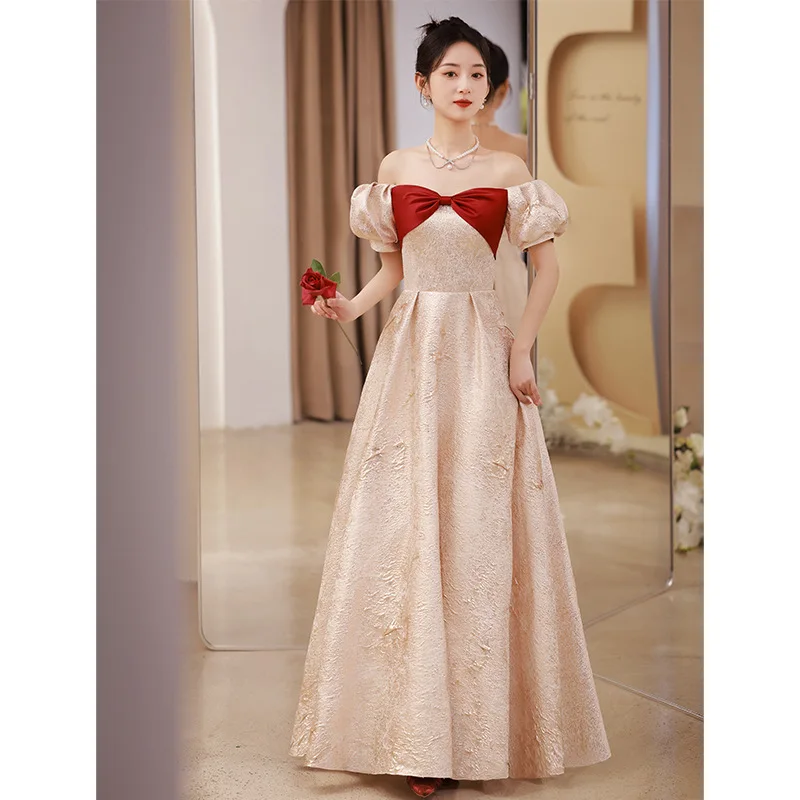 

Off Shoulder French Style Evening Dress Luxury Satin Fold Bow Engagement Gown Princess Puff Sleeve Long Quinceanera Dresses
