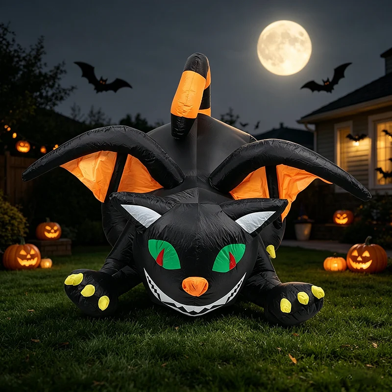 Large Halloween Inflatable Black Cat with Wings, Outdoor Lawn Garden Party Holiday Decoration, Suitable for Indoor and Outdoor Use, Waterproof and Durable, Equipped with Led Lights and a Blower