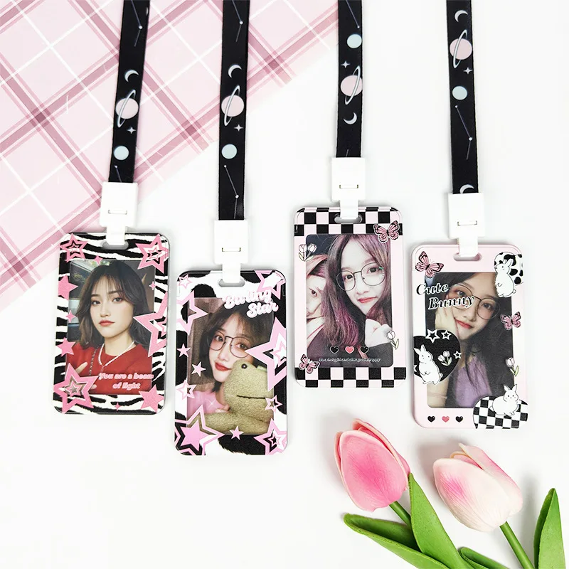 Cute Instagram Style Pink Black Acrylic Chest Badge, Sweet and Cool Pull-out Bus Card Student Card Protective Cover