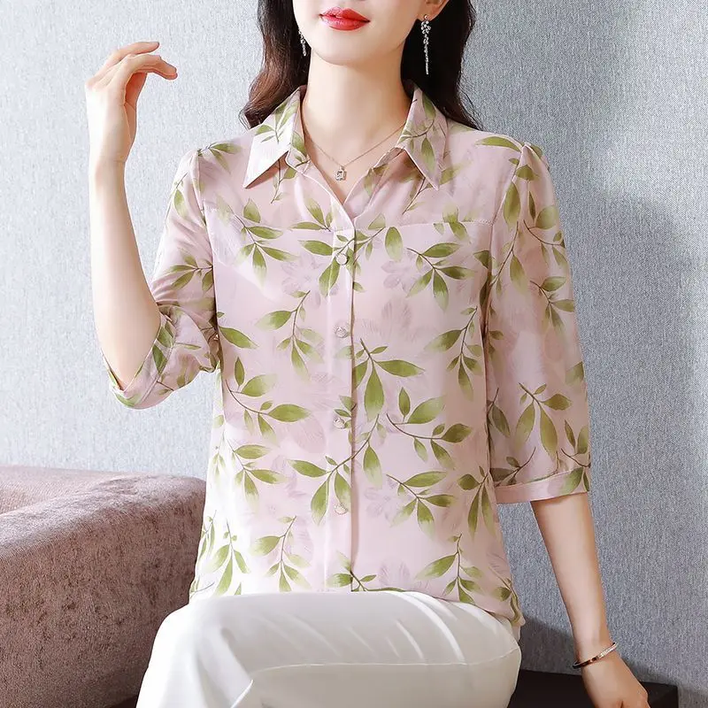 2024 New Summer Office Lady Loose Casual Retro Chinese Style Women's Shirt Button Print Chiffon V Neck 3/4 Sleeve Y2K Chic Tops