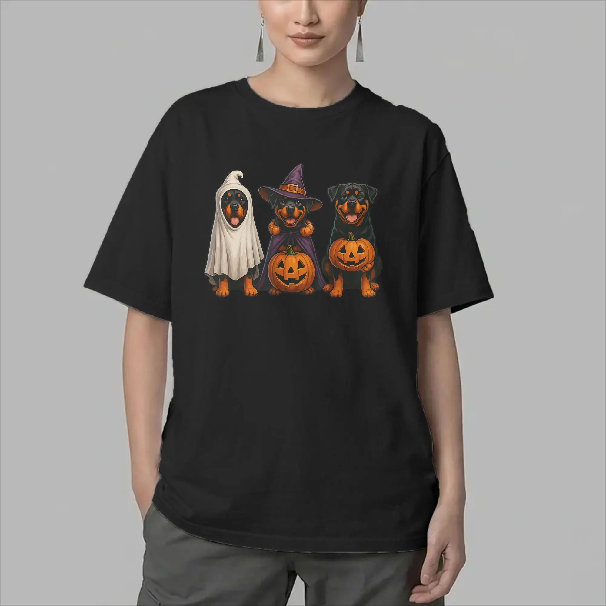 Funny Dog Ghost Cute Halloween Rottweiler T-Shirt for Men O Neck Pure Cotton T Shirts  Short Sleeve Tee Shirt Plus Size Clothing