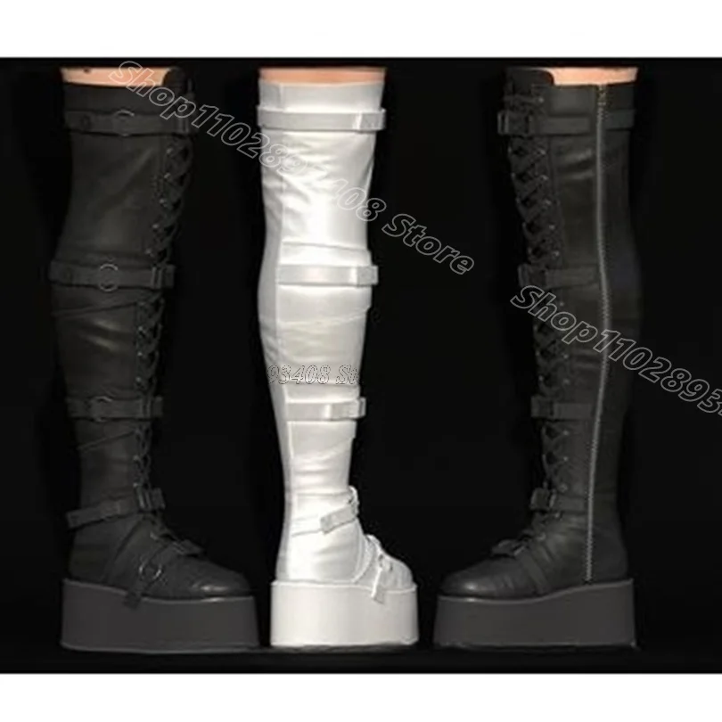 

Black Belt Buckle Over Knee Boots Round Toe Wedges Heels Punk Style Design for Women Party Dress Boots 2024 Zapatos Para Mujere