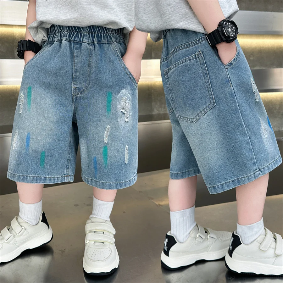 Fancy Kids Designer Summer Ripped Knee Length Denim Shorts with Drawings for Child Boy Casual Short Jeans Age 2 To 11 Years Old