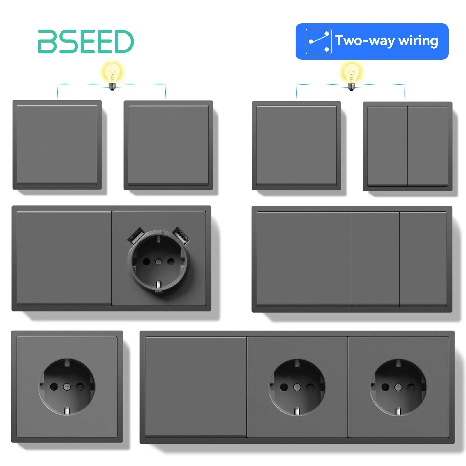 

BSEED Большой кнопочный выключатель освещения для лестницы 2-полосные настенные выключатели USB-порт для зарядки телефона Настенные розетки европейского стандарта Серая пластиковая вилка E-Series