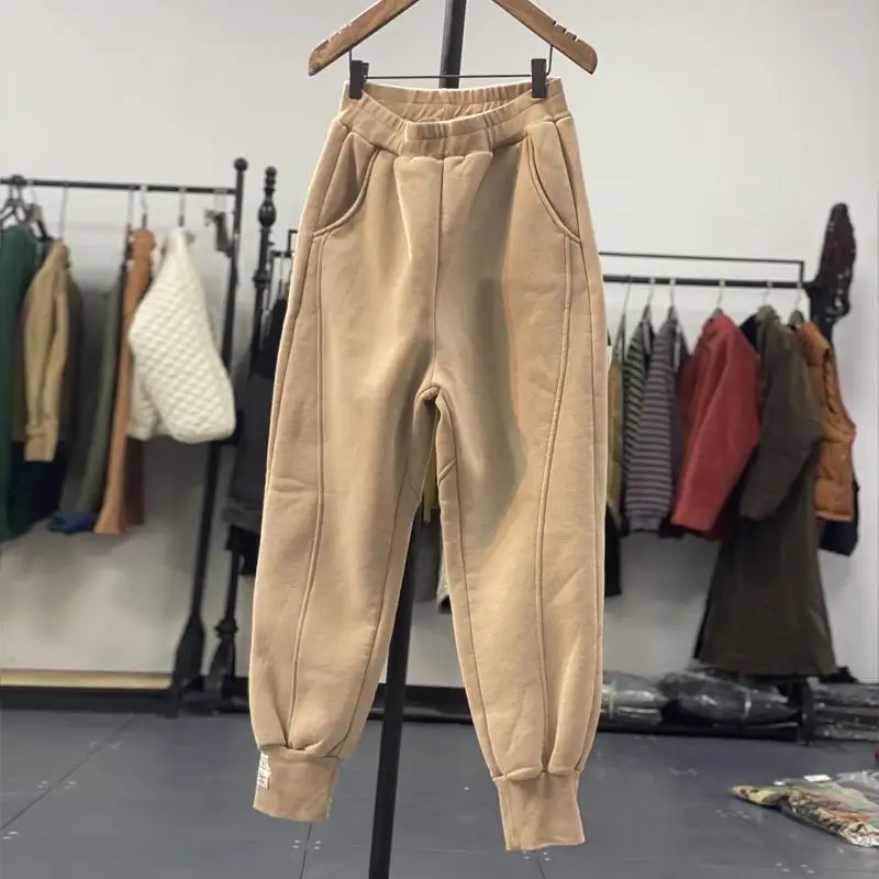 Autumn/Winter 150kg American Retro Cuffed Casual Trousers Men's Korean Slimming Patchwork Fleece-lined Harem Trousers Sweatpants