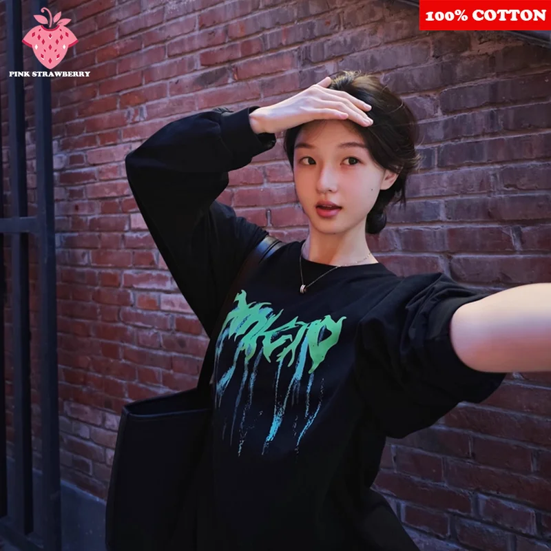 

American Hip-hop Graffiti T-shirt Women Men Autumn 2025 New 100%Cotton Black Casual Long sleeves T-shirt Top Y2k Female clothing