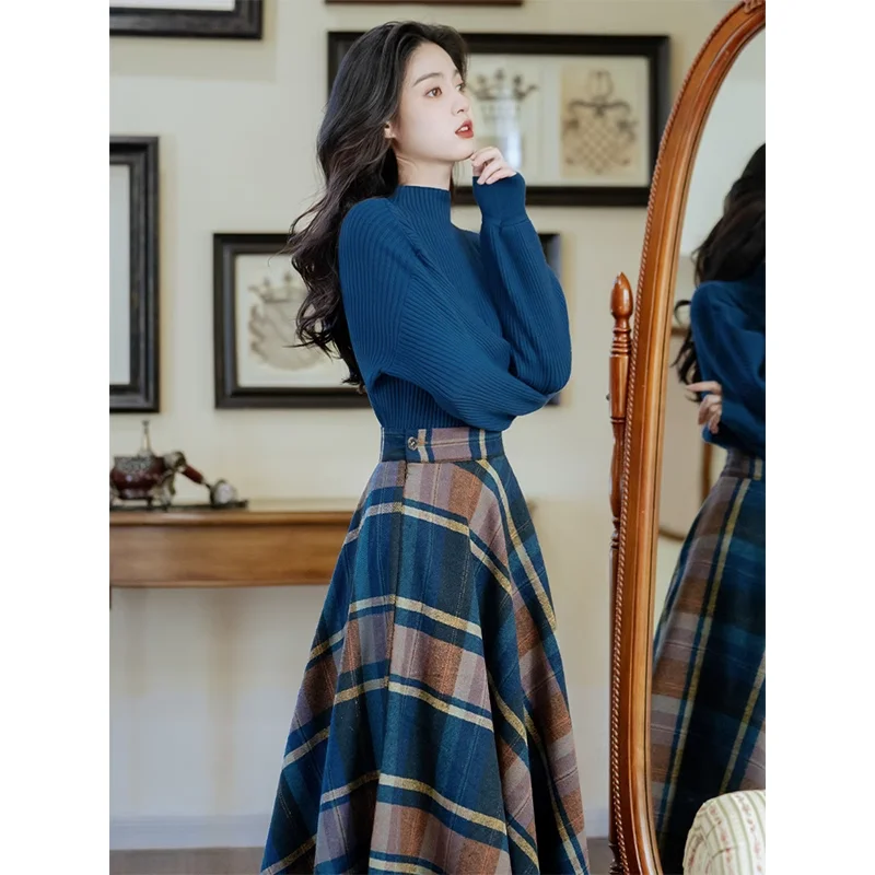 Fashion Retro Autumn/Winter Suit Half High Collar Long Sleeve Sweater with High Waist Plaid Half Skirt Two Piece Set For Women