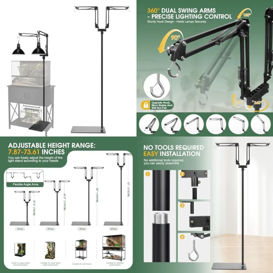 Dual Reptile Lamp Stand, 15.7-74.3 Inch Height Adjustable Reptile Light Stand, 360°Rotatable Flexible Arms, Heat Lamp Stand for