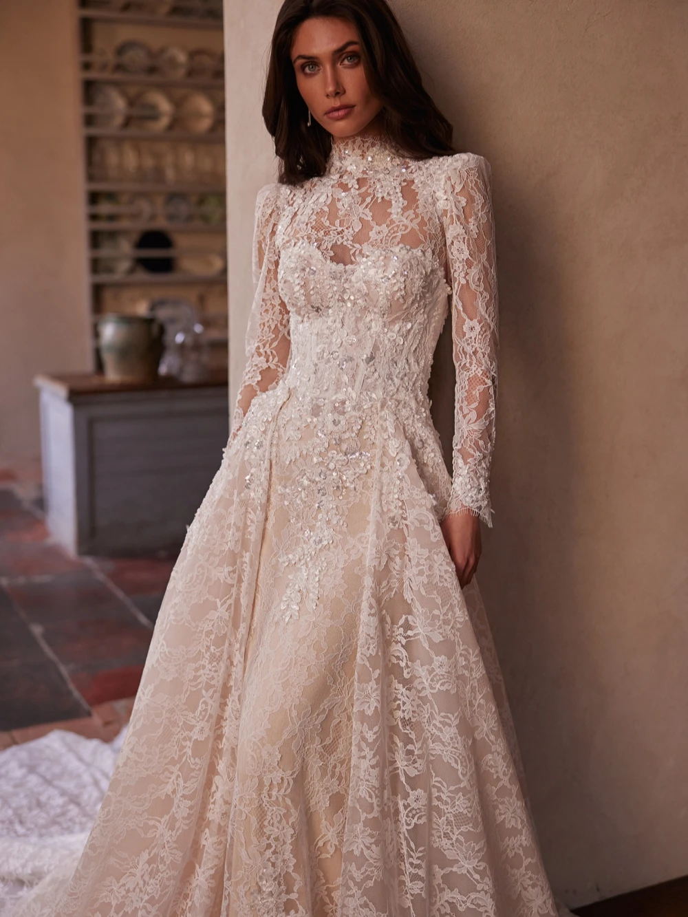 Detachable Train Beaded Lace Wedding Dress Luxurious High Collar Long Sleeve Bridal Gown Customized Elegant Dresses For Bride