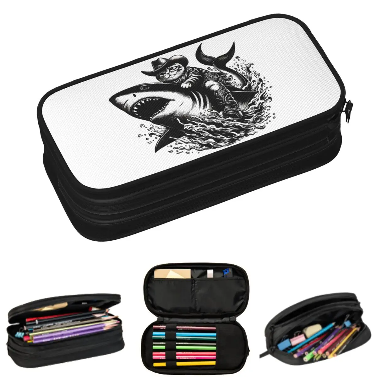 

A Cat Riding A Shark On The Sea Pencil Case for Boy Girl School Pen Box Pencil Bag Stationery Supplies Pen Holder Bag
