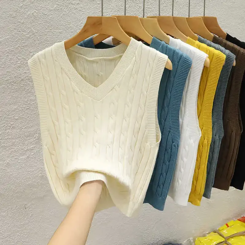 

Вязаный женский свитер, жилет, новый белый, черный вязаный свитер без рукавов с v-образным вырезом, жилет, женские топы, верхняя одежда Sueters De Mujer 2025 Q1162