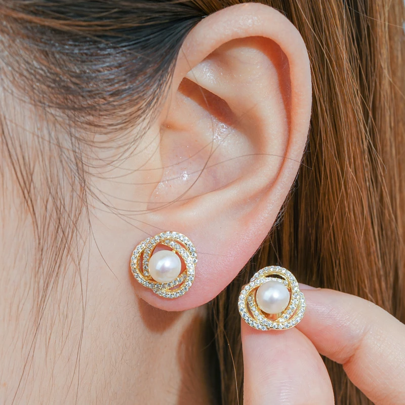 Anziw Natural Freshwater Pearl Stud Earrings for Women Real 925 Silver Elegant Wedding Engagement Fine Jewelry Gift Christmas