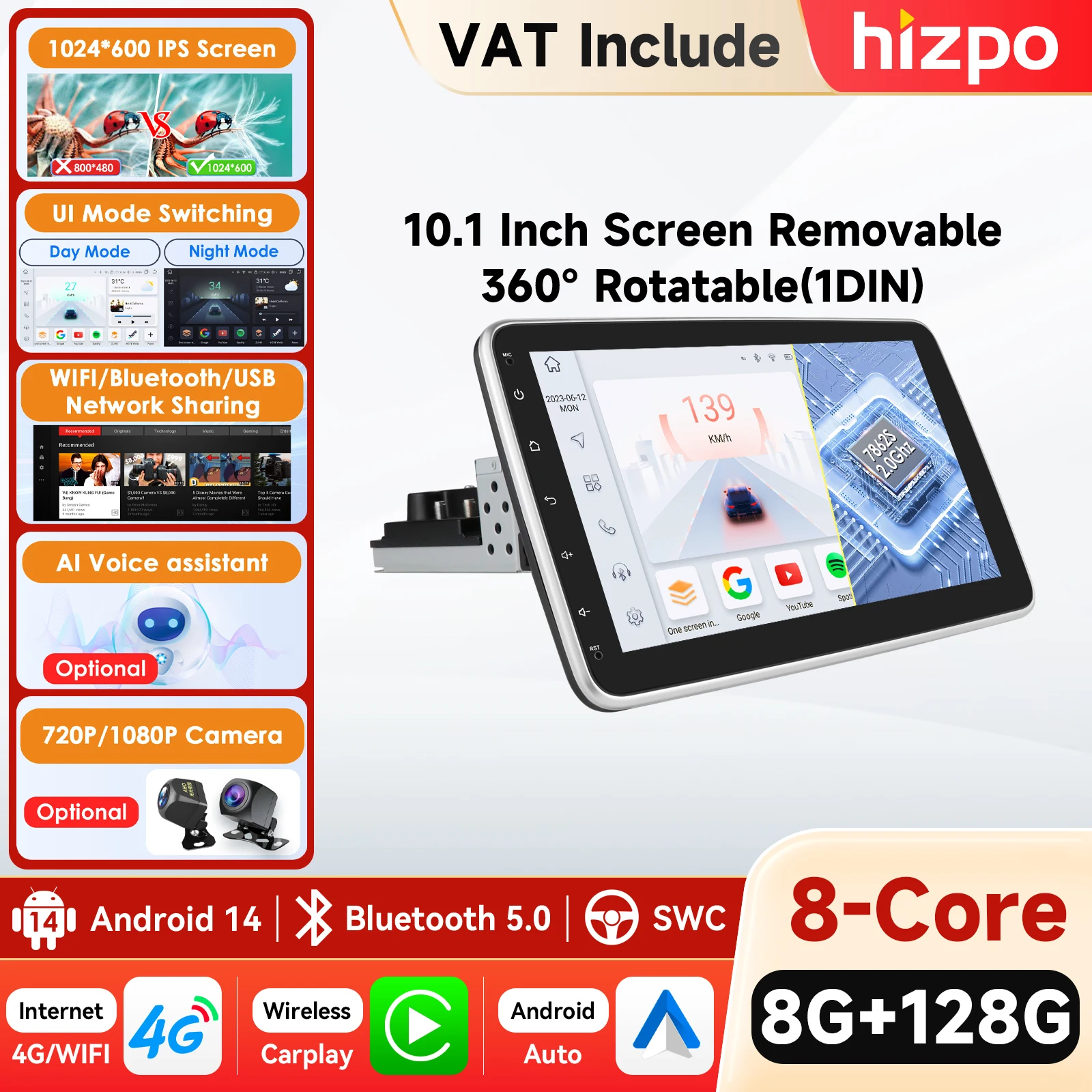 Autoradio GPS 1DIN 8+128G 10.33'' con Schermo Rotante a 360°, Lettore Multimediale Universale per Auto, Stereo Video, Carplay