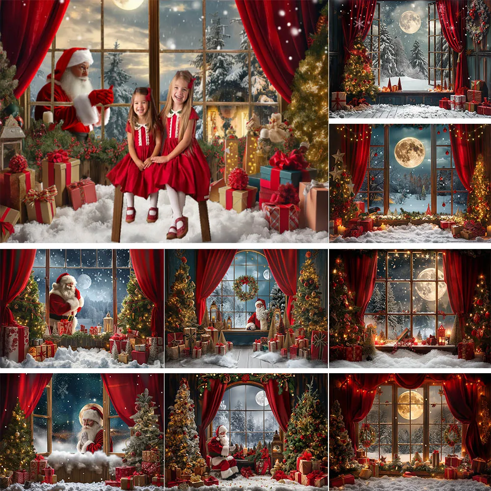 

Mocsicka Christmas Photography Backdrop Santa Claus Window Snow Forest Xmas Tree Red Curtain Girl Portrait Photo Backdrops Props