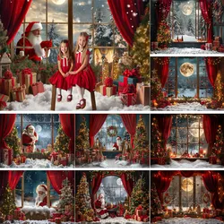 Mocsicka fotografía de Navidad telón de fondo Santa Claus ventana bosque nevado árbol de Navidad cortina roja retrato de niña foto telones de fondo Accesorios