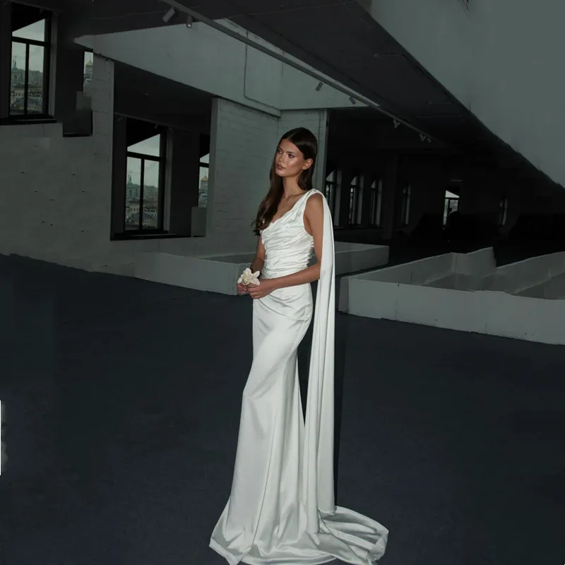 Classic Satin Mermaid Wedding Dress 2026 Sleeveless One Shoulder V-Neck Pleats Sexy Backless with Zipper Court Train Customized