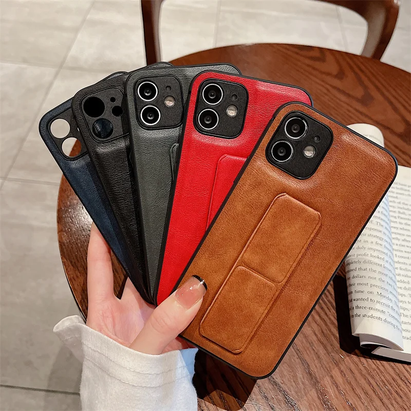 Tim Luxury Leather Folding Bracket Case For iPhone 15 14 13 12 11 Pro Max XS XR 7 8 Plus SE Soft Casing Shock proof Phone Cover