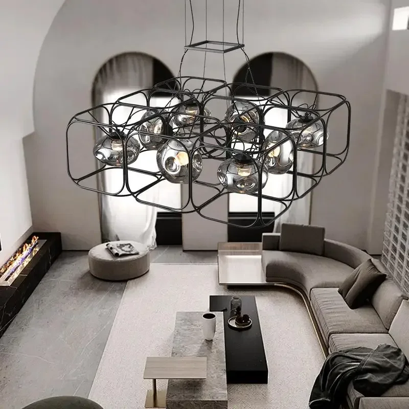 Vintage Geometric Metal Frame Grey Glass pendant Lamp Frame Grey Glass Lampshade Chandelier Hotel Iron Frame Pendant Light