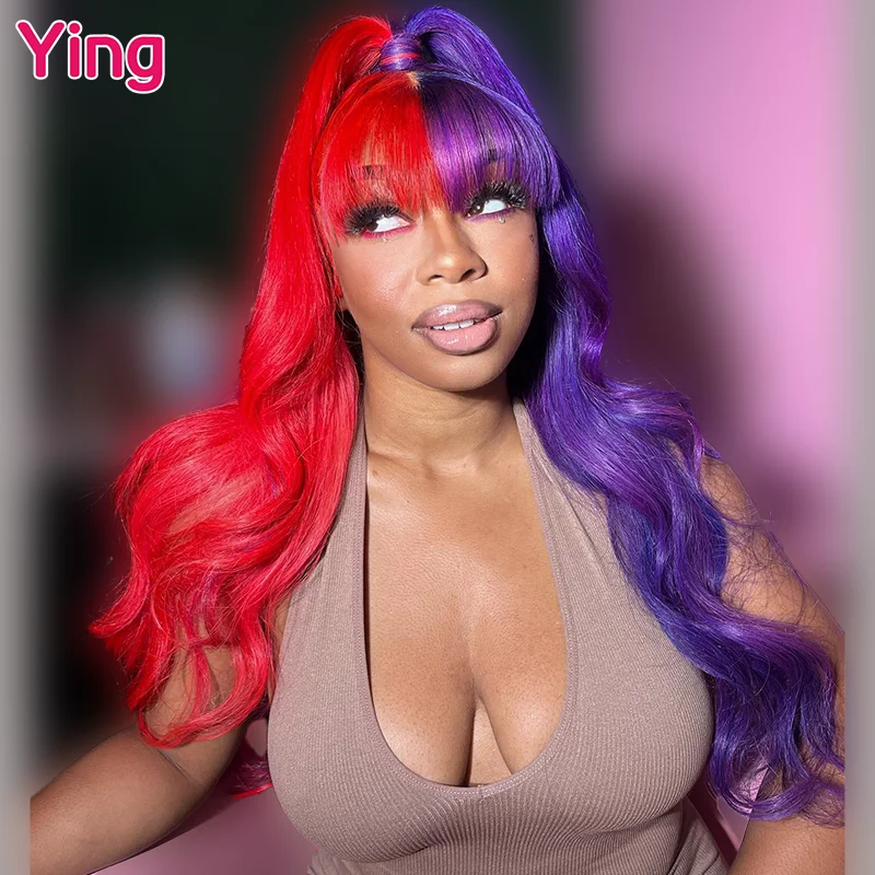 Ying Hair Body Wave Haif Red Half Purple Color 13x4 Lace Front Human Hair Wigs Brazilian Remy 13x6 Lace Frontal Wig  PrePlucked