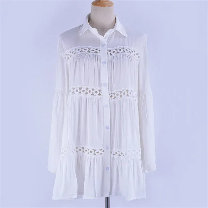 2024 White Hollow Out Blouse Shirt Beach Cover Ups for Women Long Flared Sleeve Loose Cotton Beach Wear Bikini Cover Up Bohemio