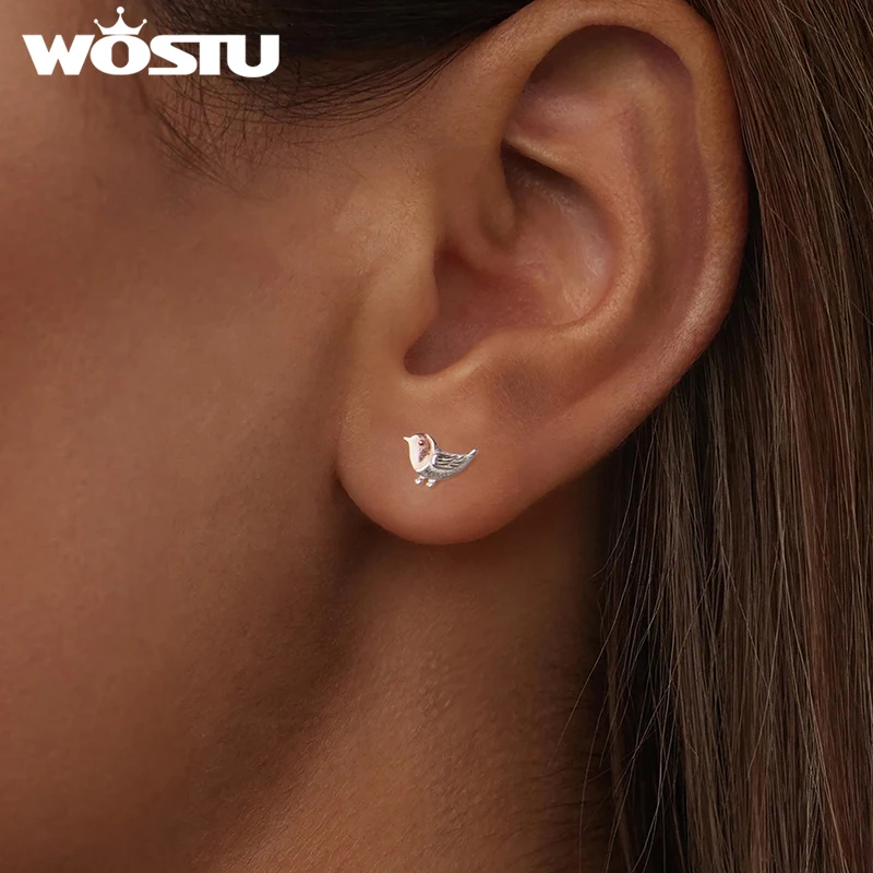 WOSTU 925 فضة صغيرة روبن الطيور وأقراط للنساء نغمتين s925 الفضة ارتفع الذهب Minin الحيوان ترصيع القرط