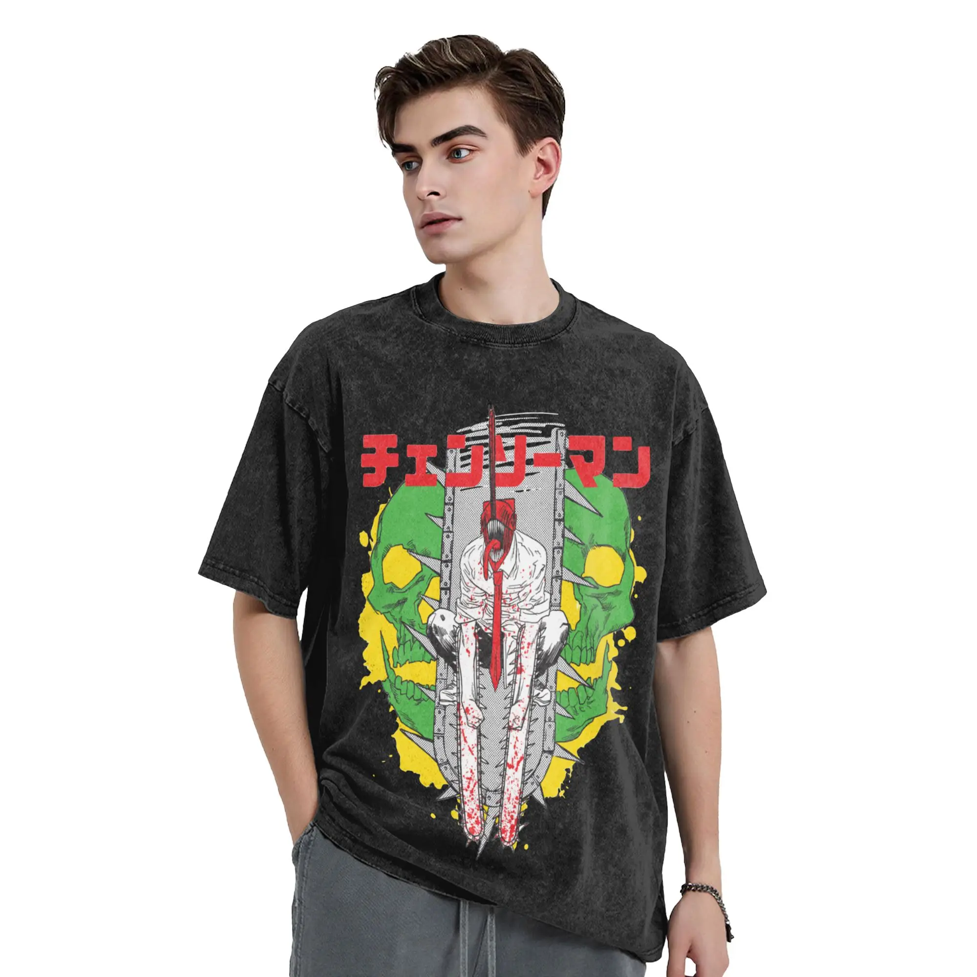Chainsaws Man Warrior Vintage Washed T Shirts Pure Cotton Unique T-Shirts Crew Neck Denji Pochita Devil Tee Shirt Tops Plus Size